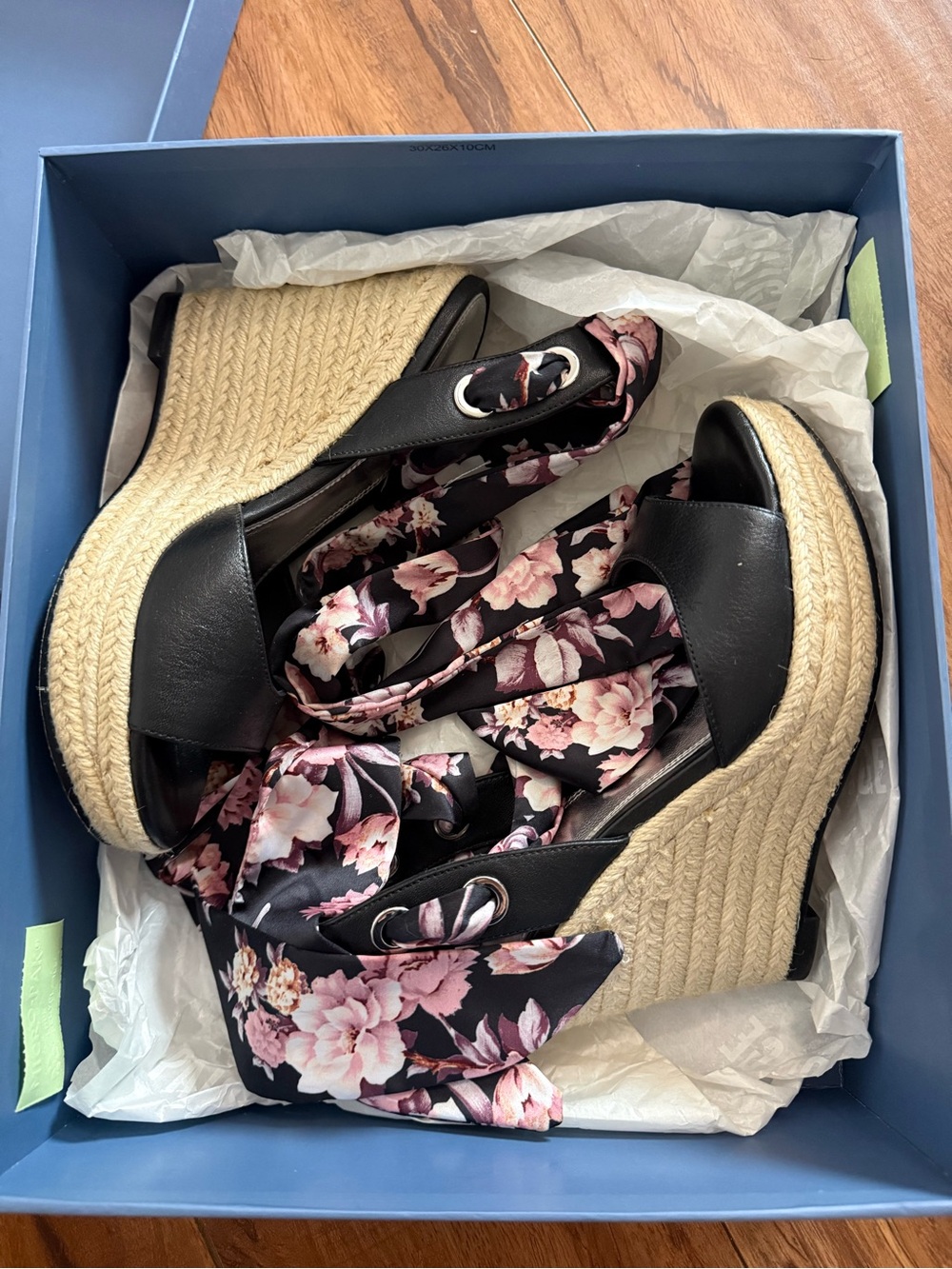 PAIGE Floral Tie-Ankle Black Espadrille Wedge Sandals